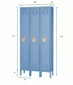 Hallowell® 1-Tier 3 Door Premium Locker, 12"W x 12"D x 72"H, Blue, Unassembled -Deals Lockers Store 238296BL dim