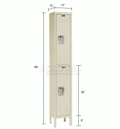 Hallowell® 2-Tier 2 Door Premium Locker, 12"W x 15"D x 30"H, Tan, Unassembled -Deals Lockers Store 238355PT dim
