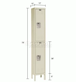 Hallowell® 2-Tier 2 Door Premium Locker, 12"W x 15"D x 36"H, Tan, Assembled -Deals Lockers Store 238361PT dim