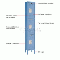 Hallowell® 3-Tier 3 Door Premium Locker, 12"W x 18"D x 24"H, Blue, Assembled -Deals Lockers Store 238365BL 1wco