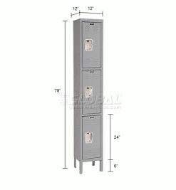 Hallowell® 3-Tier 3 Door Premium Locker, 12"W x 12"D x 24"H, Dark Gray, Unassembled -Deals Lockers Store 238365GY dim