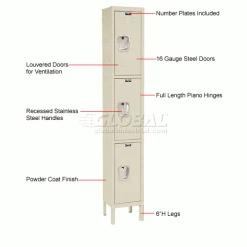 Hallowell® 3-Tier 3 Door Premium Locker, 12"W x 12"D x 24"H, Tan, Assembled -Deals Lockers Store 238365PT 1wco