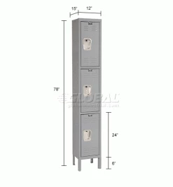 Hallowell® 3-Tier 3 Door Premium Locker, 12"W x 15"D x 24"H, Dark Gray, Assembled -Deals Lockers Store 238367GY dim