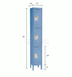Hallowell® 3-Tier 3 Door Premium Locker, 12"W x 18"D x 24"H, Blue, Assembled -Deals Lockers Store 238369BL dim
