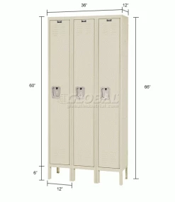 Hallowell® 1-Tier 3 Door Premium Locker, 12"W x 12"D x 60"H, Tan, Assembled 47 Hallowell® 1-Tier 3 Door Premium Locker, 12"W x 12"D x 60"H, Tan, Assembled -Deals Lockers Store 239263PT dim