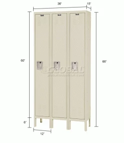 Hallowell® 1-Tier 3 Door Premium Locker, 12"W x 15"D x 60"H, Tan, Assembled -Deals Lockers Store 239265PT dim