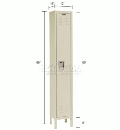 Hallowell® 1-Tier 1 Door Premium Locker, 12"W x 18"D x 60"H, Tan, Assembled -Deals Lockers Store 239266PT dim