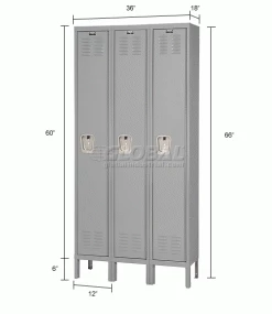 Hallowell® 1-Tier 3 Door Premium Locker, 12"W x 18"D x 60"H, Dark Gray, Unassembled -Deals Lockers Store 239267GY dim