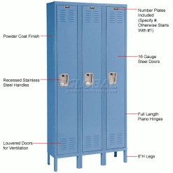 Hallowell® 1-Tier 3 Door Premium Locker, 12"W x 12"D x 72"H, Blue, Unassembled -Deals Lockers Store 239269BL 1wco