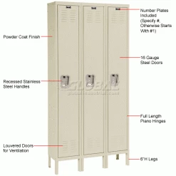 Hallowell® 1-Tier 3 Door Premium Locker, 12"W x 15"D x 60"H, Tan, Unassembled -Deals Lockers Store 239269PT 1wco 2