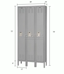 Hallowell® 1-Tier 3 Door Premium Locker, 12"W x 18"D x 72"H, Dark Gray, Unassembled -Deals Lockers Store 239273GY dim