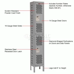 Hallowell® 2-Tier 2 Door Heavy-Duty Ventilated Locker, 15"Wx18"Dx36"H, Gray, Unassembled -Deals Lockers Store 239324GY 1wco 2