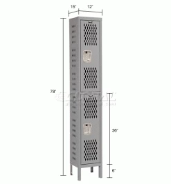 Hallowell® 2-Tier 2 Door Heavy-Duty Ventilated Locker, 12"Wx15"Dx36"H, Dark Gray, Assembled -Deals Lockers Store 239326GY dim