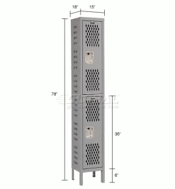 Hallowell® 2-Tier 2 Door Heavy-Duty Ventilated Locker, 15"Wx18"Dx36"H, Gray, Unassembled -Deals Lockers Store 239332GY dim 1