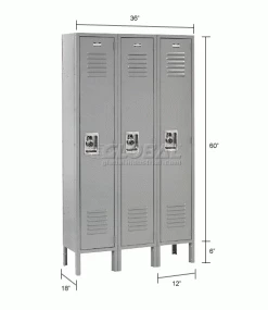 Global Industrial™ Infinity® 1-Tier 3 Door Locker, 12"Wx18"Dx60"H, Gray, Assembled -Deals Lockers Store 254114GY dim