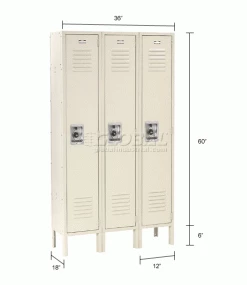 Global Industrial™ Infinity® 1-Tier 3 Door Locker, 12"Wx18"Dx60"H, Tan, Unassembled -Deals Lockers Store 254114TN dim
