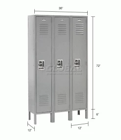 Global Industrial™ Infinity® 1-Tier 3 Door Locker, 12"Wx12"Dx72"H, Gray, Unassembled -Deals Lockers Store 254116GY dim
