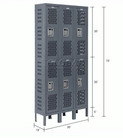 Global Industrial™ Infinity® 2-Tier 6 Door Ventilated Locker, 12"Wx18"Dx36"H, Unassembled -Deals Lockers Store 493151GY dim