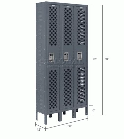 Global Industrial™ Infinity® 1-Tier 3 Door Ventilated Locker, 12"Wx12"Dx72"H, Assembled -Deals Lockers Store 493244GY dim