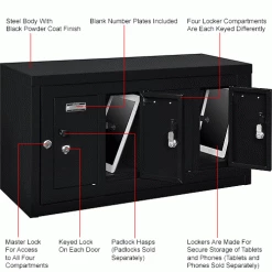 Global Industrial™ 4-Door Device Locker With Key Lock, 28-1/2"W x 11-1/4"D x 15-5/8"H, Black -Deals Lockers Store 493329BK 1wco