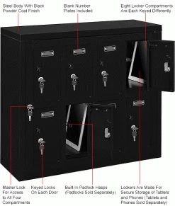 Global Industrial™ 8-Door Device Locker With Key Lock, 28-1/2"W x 11-1/4"D x 26-3/4"H, Black -Deals Lockers Store 493330BK 1wco