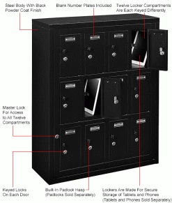 Global Industrial™ 12-Door Device Locker With Key Lock, 28-1/2"W x 11-1/4"D x 38"H, Black -Deals Lockers Store 493331BK 1wco
