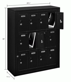 Global Industrial™ 12-Door Device Locker With Key Lock, 28-1/2"W x 11-1/4"D x 38"H, Black -Deals Lockers Store 493331BK dim