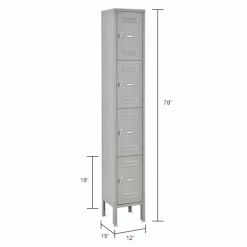 Global Industrial™ 4-Tier 4 Door Box Locker, 12"W x 12"D x 18"H, Gray, Unassembled -Deals Lockers Store 493455GYIN dim