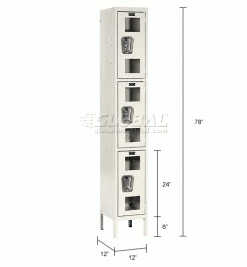 Hallowell® 3-Tier 3 Door Safety-View Locker, 12"W x 12"D x 24"H, Tan, Assembled -Deals Lockers Store 562636 dim