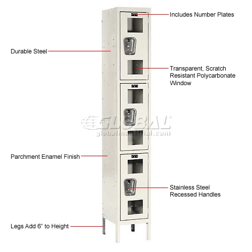 Hallowell® 3-Tier 3 Door Safety-View Locker, 12"W x 18"D x 24"H, Tan, Unassembled 11 Hallowell® 3-Tier 3 Door Safety-View Locker, 12"W x 18"D x 24"H, Tan, Unassembled - Image 9