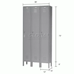 Global Industrial™ Capital® 1-Tier 3 Door Locker, 12"Wx15"Dx72"H, Gray, Unassembled -Deals Lockers Store 652039GYIN dim