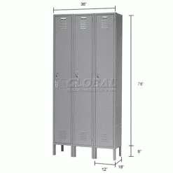 Global Industrial™ Capital® 1-Tier 3 Door Locker, 12"Wx18"Dx72"H, Gray, Assembled -Deals Lockers Store 652141GYIN dim