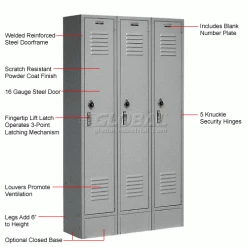 Global Industrial™ Paramount® 1-Tier 3 Door Locker, 12"Wx18"Dx72"H, Gray, Unassembled -Deals Lockers Store 652161GY 1wco