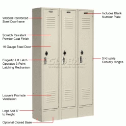 Global Industrial™ Paramount® 1-Tier 3 Door Locker, 12"Wx15"Dx60"H, Tan, Unassembled -Deals Lockers Store 652161TN 1wco
