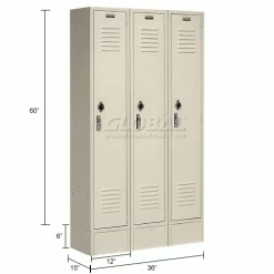 Global Industrial™ Paramount® 1-Tier 3 Door Locker, 12"Wx15"Dx60"H, Tan, Unassembled -Deals Lockers Store 652163TN dim