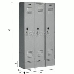 Global Industrial™ Paramount® 1-Tier 3 Door Locker, 12"Wx18"Dx72"H, Gray, Unassembled -Deals Lockers Store 652171GY dim