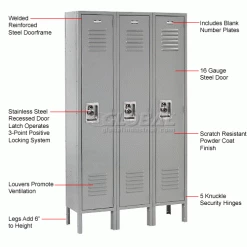 Global Industrial™ Infinity® 1-Tier 3 Door Locker, 12"Wx18"Dx60"H, Gray, Assembled -Deals Lockers Store 968250GY 2wco 3