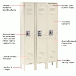 Global Industrial™ Infinity® 1-Tier 3 Door Locker, 12"Wx18"Dx60"H, Tan, Unassembled -Deals Lockers Store 968250TN 2wco