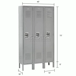 Global Industrial™ Infinity® 1-Tier 3 Door Locker, 15"Wx18"Dx72"H, Gray, Assembled -Deals Lockers Store 968263GYIN dim