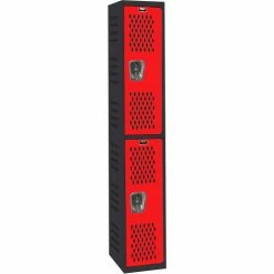 Hallowell 2 Door Gym/PE Ventilated Locker, 12"Wx18"Dx36"H, Black/Red, Assembled