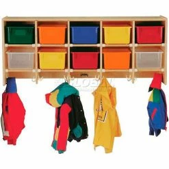 Jonti-Craft® Wall Mount Compartment Coat Locker, w/Colored Trays,48"x15-1/2"x20", Birch Plywood
