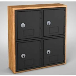 United Visual Products 4 Door Cell Phone Locker W/Key Lock, 12"Wx4"Dx13-1/2"H, Lt Oak/Blk, Assembled