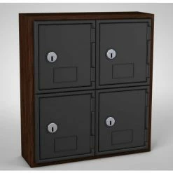 United Visual Products 4 Door Cell Phone Locker W/Key Lock, 12"Wx4"Dx13-1/2"H, Walnut/Blk, Assembled